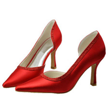 Špicaté červené ihlové svadobné topánky na vysokom podpätku, saténové banketové spoločenské topánky