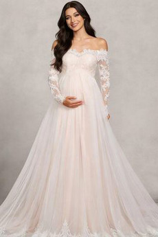 Dlhými rukávmi Elegantné Impéria Off rameno Čipka Svadobné šaty