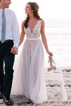 Čipka Čipka Pláž Širokým hrdlom Elegantné Čipkou Overlay Svadobné šaty