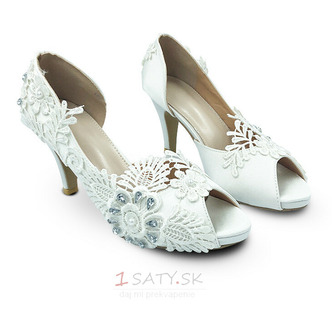 Saténové veľké svadobné topánky čipkované kvetinové vysoké podpätky svadobné topánky topánky pre družičku - Strana 2