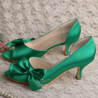 Saténové motýlie svadobné topánky bočné duté ihlové vysoké podpätky zelené topánky pre družičku - Strana 1