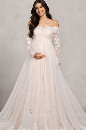 Dlhými rukávmi Elegantné Impéria Off rameno Čipka Svadobné šaty - Strana 1