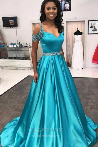 Dlhé Atlas Bez rukávov Beaded pásu Zips hore Inverzný trojuholník Prom Obleko - Strana 1