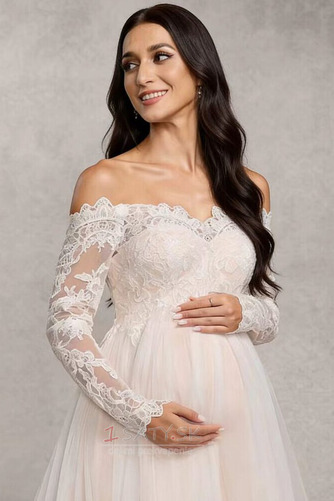 Dlhými rukávmi Elegantné Impéria Off rameno Čipka Svadobné šaty - Strana 5