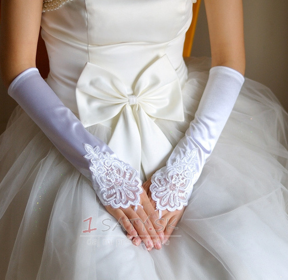 Bežecké dlhé biele vintage elastické saténové svadobné rukavice