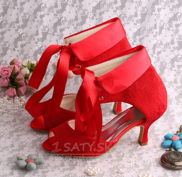 Červené dámske čižmy módne svadobné ihlové bodkované čipkované svadobné topánky