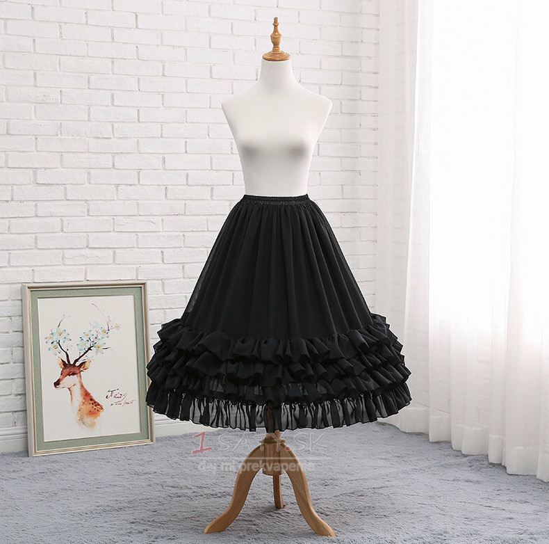 Čierna šifónová spodná sukňa, svadobná dlhá krinolína, cosplay plesové šaty šifónová spodná sukňa, nadýchaná sukňa, midi sukňa Lolita