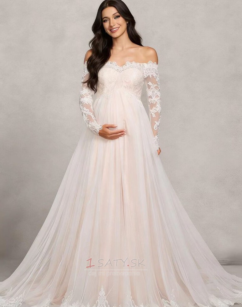 Dlhými rukávmi Elegantné Impéria Off rameno Čipka Svadobné šaty Dlhými rukávmi Elegantné Impéria Off rameno Čipka Svadobné šaty