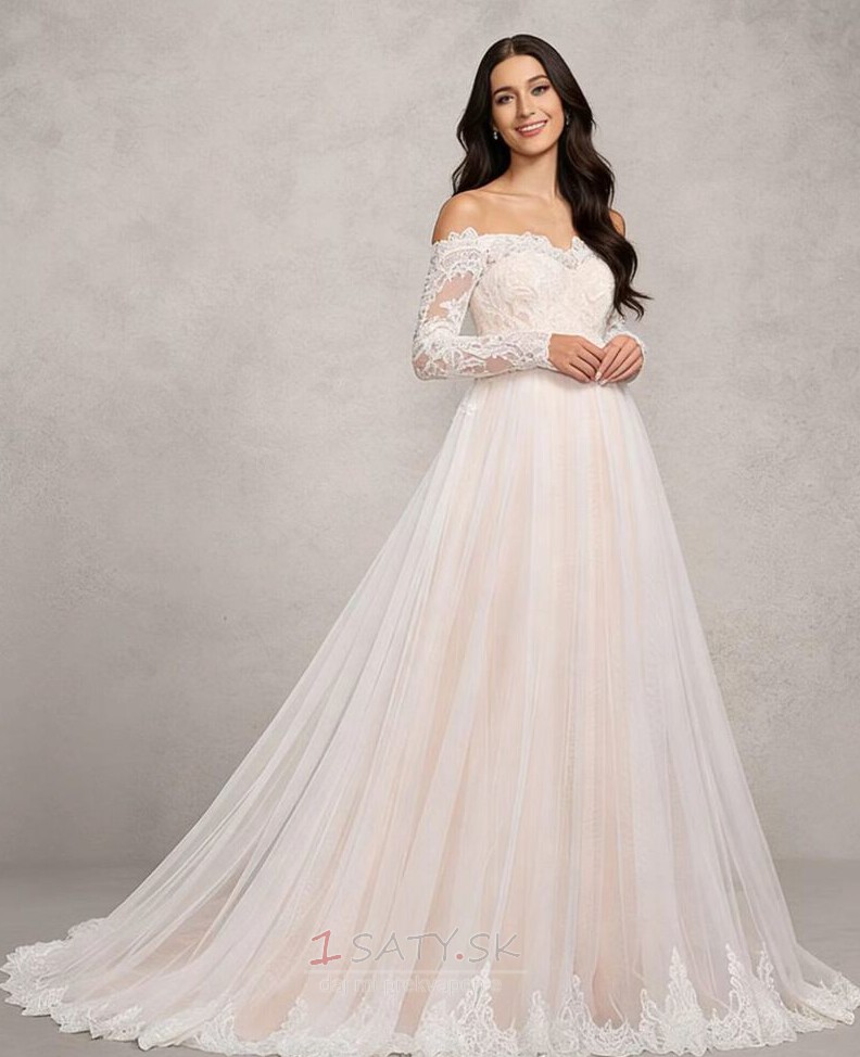 Dlhými rukávmi Elegantné Impéria Off rameno Čipka Svadobné šaty Dlhými rukávmi Elegantné Impéria Off rameno Čipka Svadobné šaty