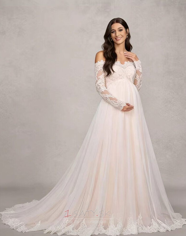 Dlhými rukávmi Elegantné Impéria Off rameno Čipka Svadobné šaty Dlhými rukávmi Elegantné Impéria Off rameno Čipka Svadobné šaty