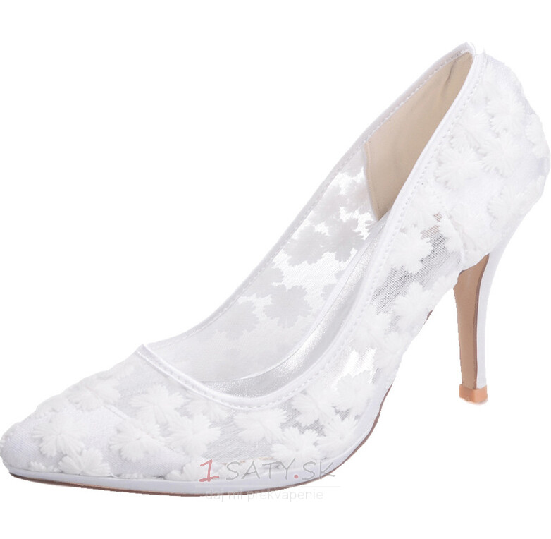 Jarná čipka plytká ústa špicaté topánky vyšívané kvety vysoké podpätky biele svadobné topánky