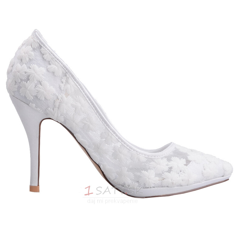 Jarná čipka plytká ústa špicaté topánky vyšívané kvety vysoké podpätky biele svadobné topánky
