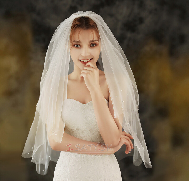 Jednoduchý svadobný závoj nevesta svadobná čelenka fotoateliér foto závoj dvojitý objednávka perlový závoj