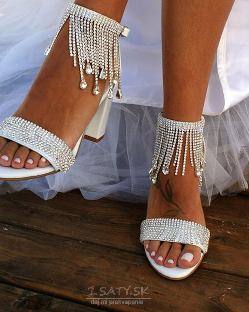 Nové drahokamové dámske sandále Hrubé podpätky Sandále Banketové svadobné sandále