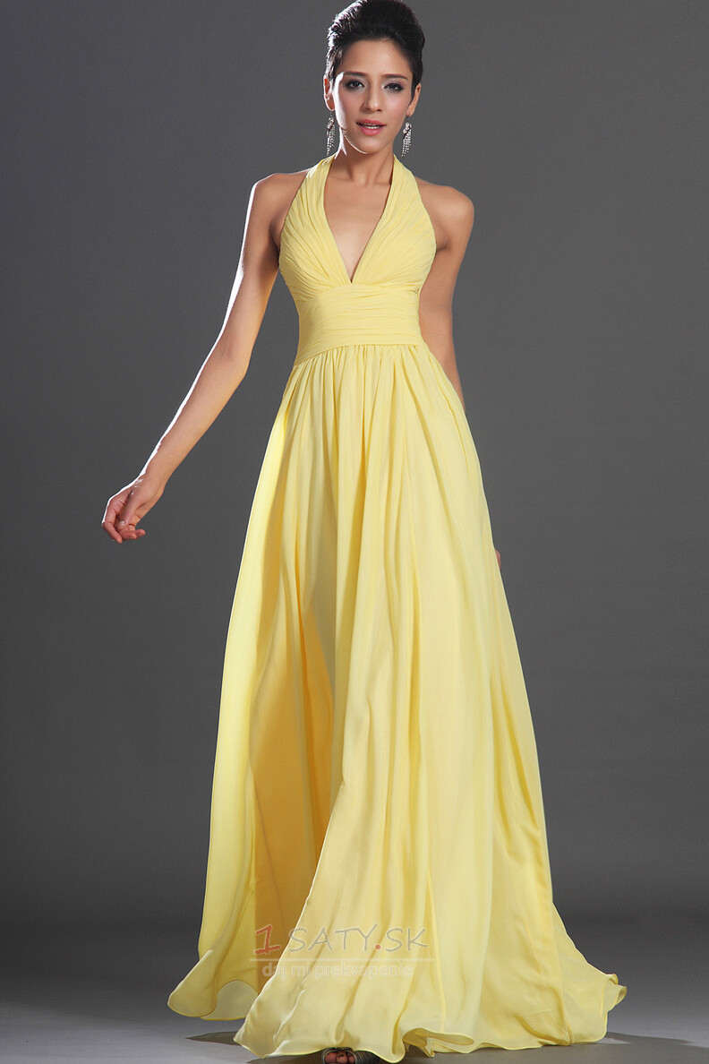 Prírodné pása Ríša Skladaný Svetlo žltá Šifón Drobunký Večerné šaty