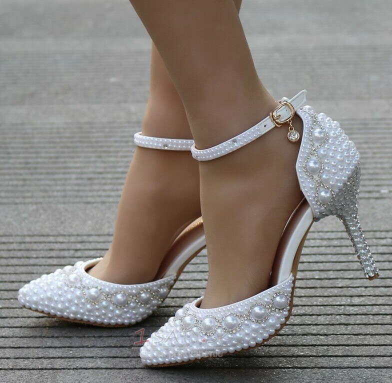 Sandále na vysokom podpätku korálkové kamienkové sandále biele svadobné topánky