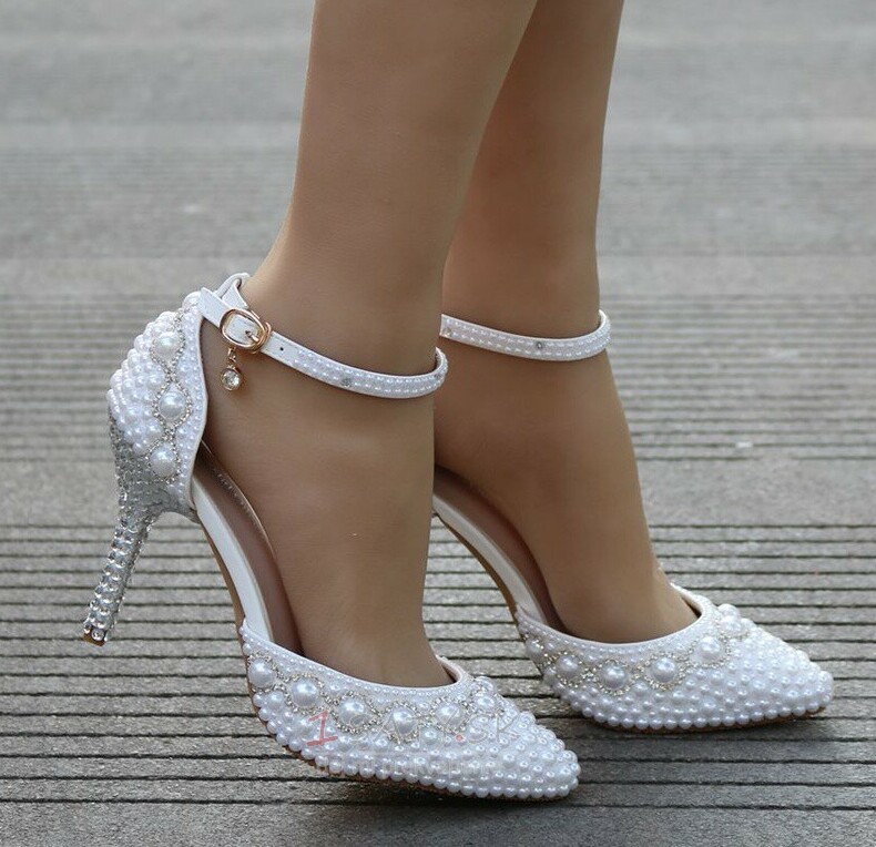 Sandále na vysokom podpätku korálkové kamienkové sandále biele svadobné topánky