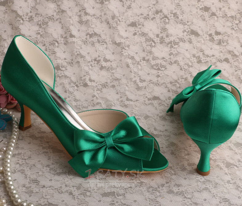Saténové motýlie svadobné topánky bočné duté ihlové vysoké podpätky zelené topánky pre družičku