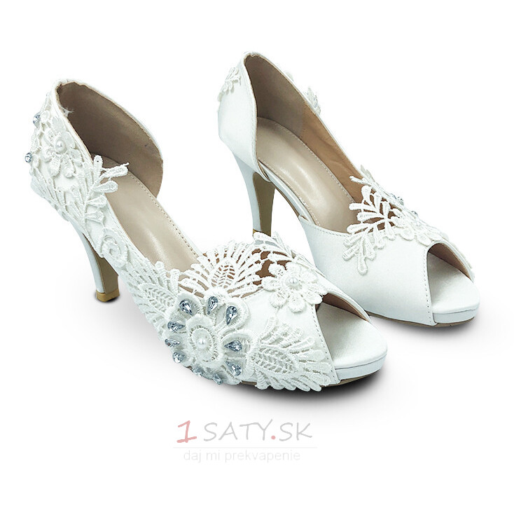 Saténové veľké svadobné topánky čipkované kvetinové vysoké podpätky svadobné topánky topánky pre družičku