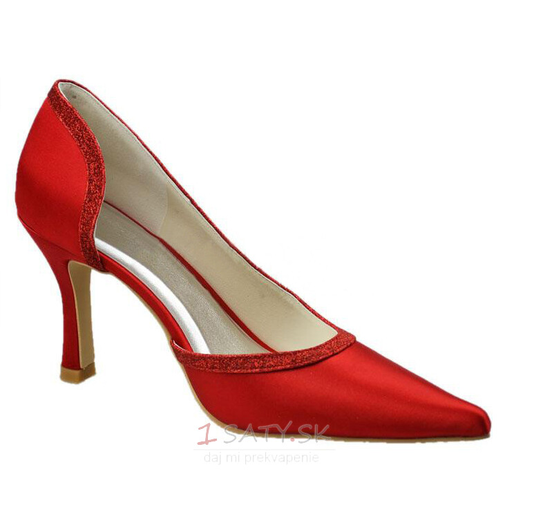 Špicaté červené ihlové svadobné topánky na vysokom podpätku, saténové banketové spoločenské topánky