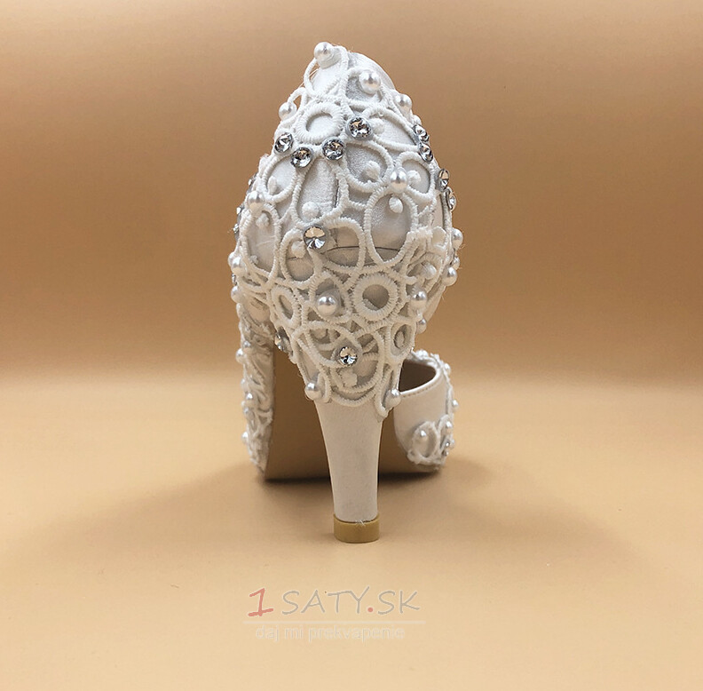 Svadobné topánky zo saténovej čipky s drahokamovými ihličkovými svadobnými topánkami ručne vyrábané svadobné topánky