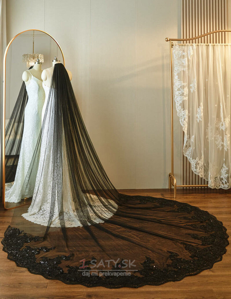 Svadobný svadobný čierny závoj čipkovaný flitrový závoj 3 metre dlhý svadobný závoj