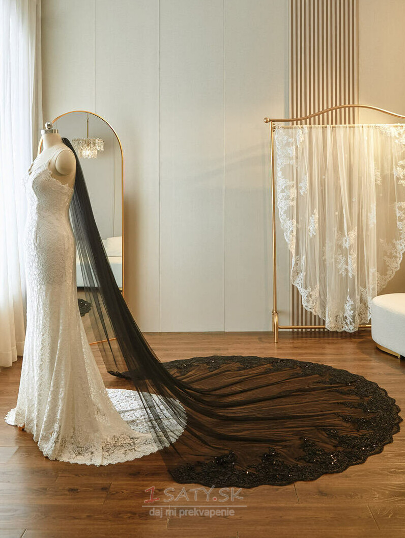 Svadobný svadobný čierny závoj čipkovaný flitrový závoj 3 metre dlhý svadobný závoj
