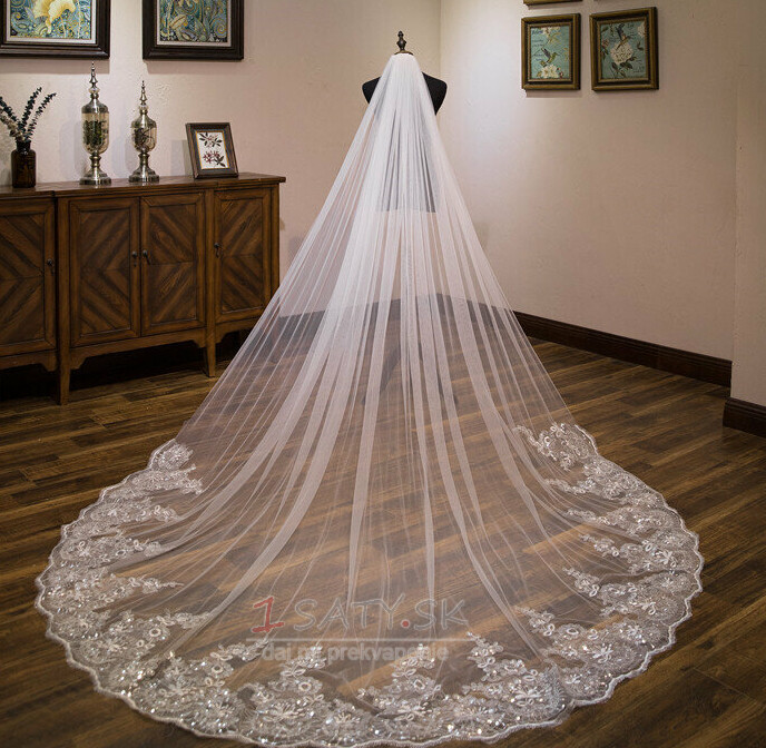 Svadobný vlečný závoj svadobné doplnky závoj s hrebeňom do vlasov 3 metre dlhý flitrový čipkovaný závoj